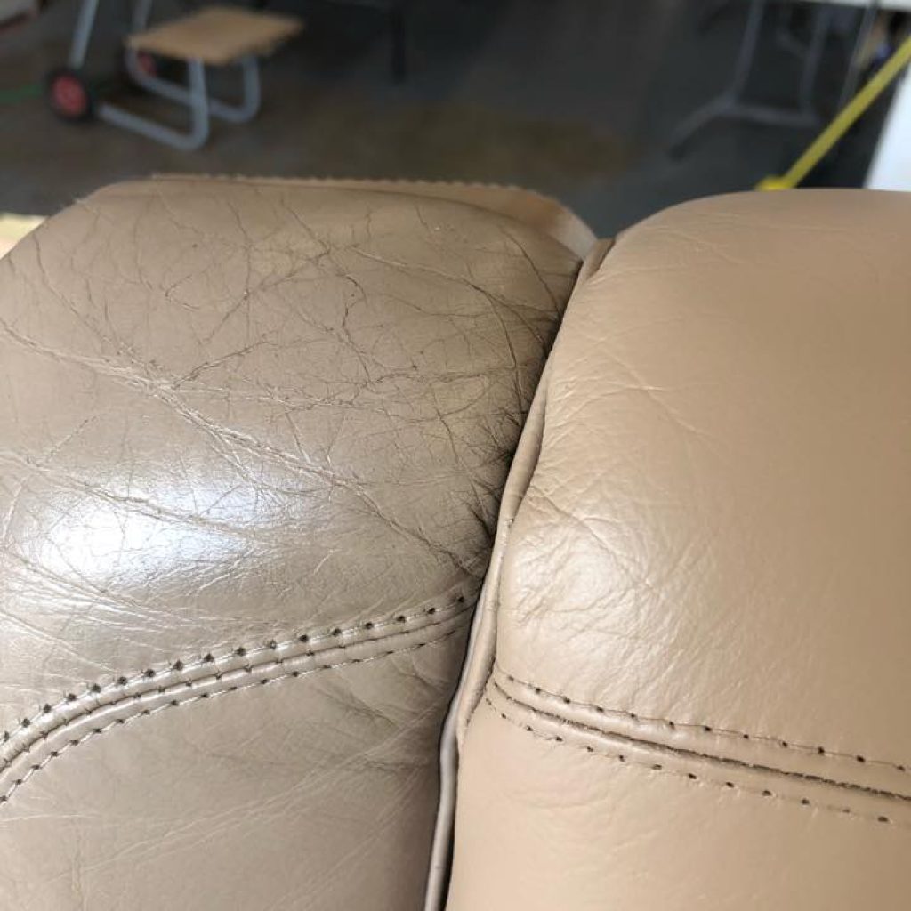 AVIATION INTERIOR LEATHER SEAT CLEANING AND REFINISHING. Side-by-side comparison of cleaned leather vs dirty, cracked leather!